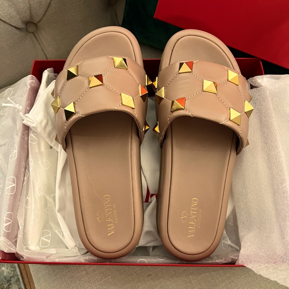 Valentino Garavani Beige Sandals with Gold Studs